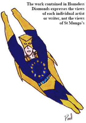 Disclaimer and drawing of flying superhero