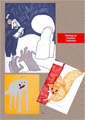 three drawings - a dog, a squirrel and hands appearing from a grave