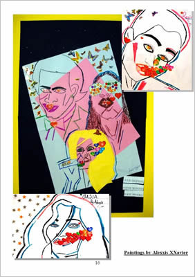 line art showing people's faces with vivid colours