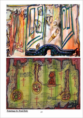 drawings showing people's faces, a word map, crosses, doors