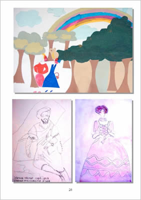 drawings of Horace Vernet, a Georgian lady and a collage of people in a wood under a rainbow