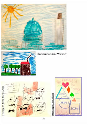 Drawing of St Pauls, a house, men's faces and a piece involving shapes called 'The final act of the tragedy'.