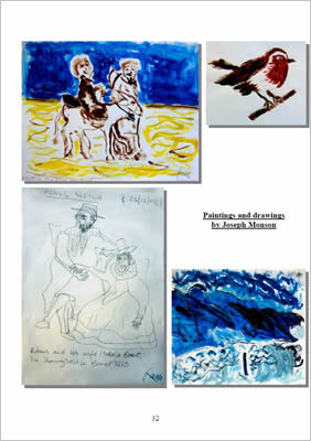 Drawings of people, a robin and a hillside.