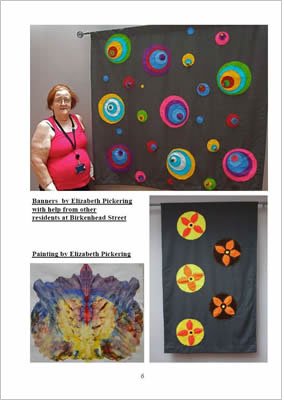 photo of Elizabeth in front of a black banner bearing planet-like circles of colour