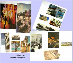 Page shows poem under collages of famous cities and holiday destinations by Thomas Lindquist