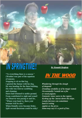 Page shows two poems under a picture of farmers over a farmland background.