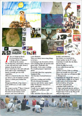 Writing surrounded by collage of photos including Cadbury factory, cats, meerkats, fish and people.