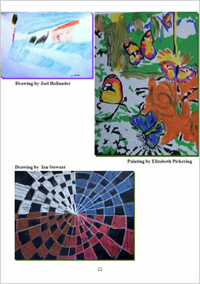 Three drawings, clockwise from top: a house on a street, butteflies, a spiral pattern