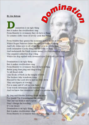 Shows poem laid over a statue with money falling from its mouth.