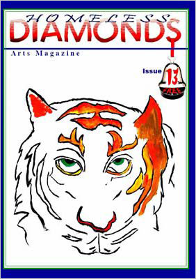 Shows drawing of tiger's face staring at us.