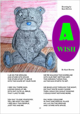 Drawing of smiling toy bear fills top half of page.
