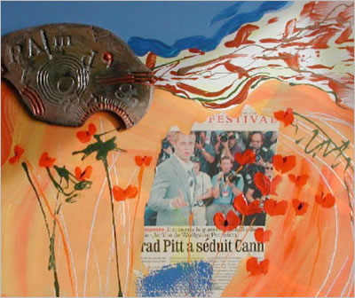 collage bearing news story in French about Brad Pitt seducing Cannes