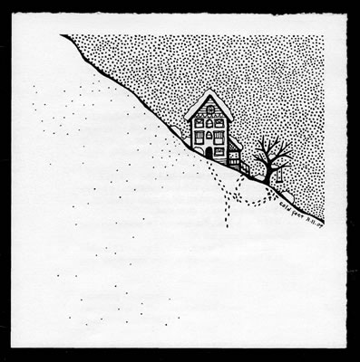 art showing house on snowy hillside