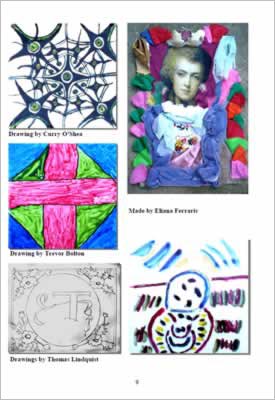 artworks show line drawings in patterns and a collage showing a woman's face