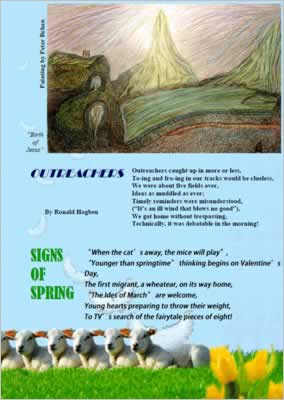 page shows layout with painting of The Birth of Jesus at top, in pencil colours