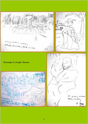 pencil drawings by Joseph Monson showing people sitting in a park or walking in a cityscape