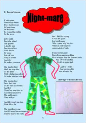 shows poem in situ on page with line drawings of people