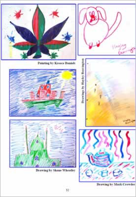 pencil and felt tip drawings of boats, buildings and animals