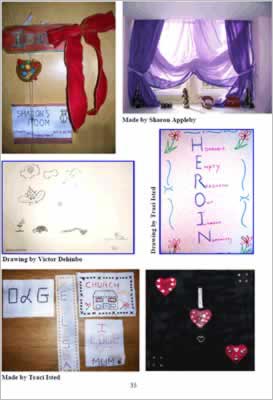 drawings and photographs of resident's rooms and work at the shelter