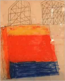 colourful drawing of inside church by Joe Welsh