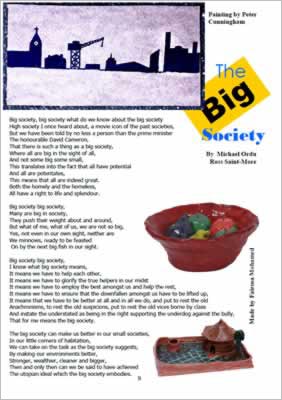 Shows poem in situ on page with an urban landscape by Peter Cunningham and ceramics by Fairosa Mohamed