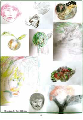 Drawings show faces in pencil colours with and as fruit.