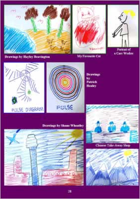 Shows a page of drawings in pencil and felt tip.