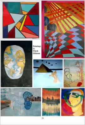 Colourful paintings showing faces, patterns and shapes in a surrealist style.