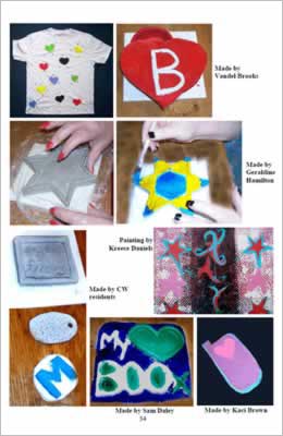 Page of photos showing arts and crafts made by the artists listed below.