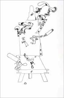 Drawing of abstract drawing board and art supplies.