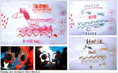 Drawings of flowers and horses.