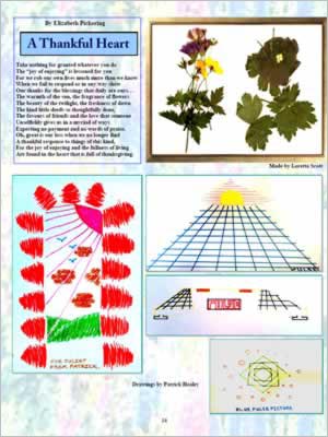 Shows page layout with drawings by Patrick Healey and pressed flowers by Loretta Scott