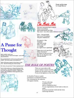 Drawings are mostly of people in action, playing sports.