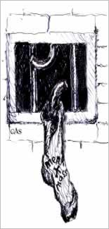 Sock hanging out of prison window.