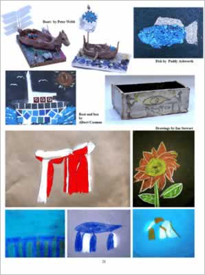 Clay boats, painted boxes and chalk flowers and other artworks.