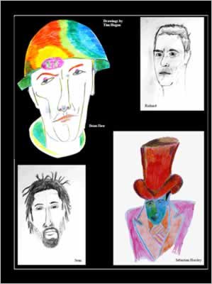 Drawings of faces in pencil.