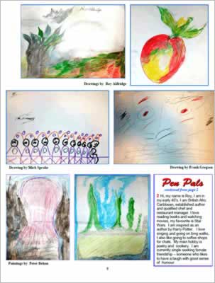 Shows drawings of people and nature.