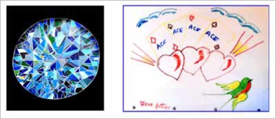 Drawing of diamond and hearts.