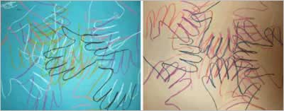 Drawings of interlaced outlines of hands.