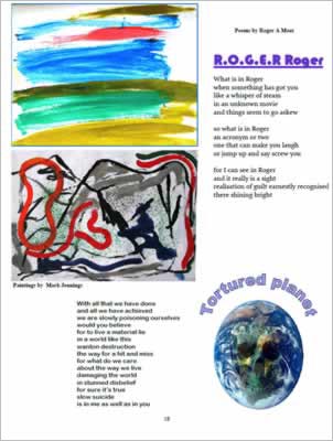 Shows abstract colourful paintings.