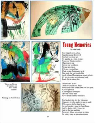 Shows paintings around the poem, mostly abstract.