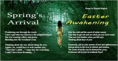 Shows layout of two poems against a girl walking into the woods.