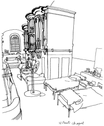 Lucinda Rogers - St Paul’s Chapel: beds arranged by the organ upstairs